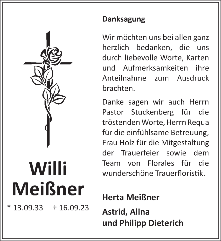  Traueranzeige für Willi Meißner vom 09.12.2023 aus Neue Deister-Zeitung