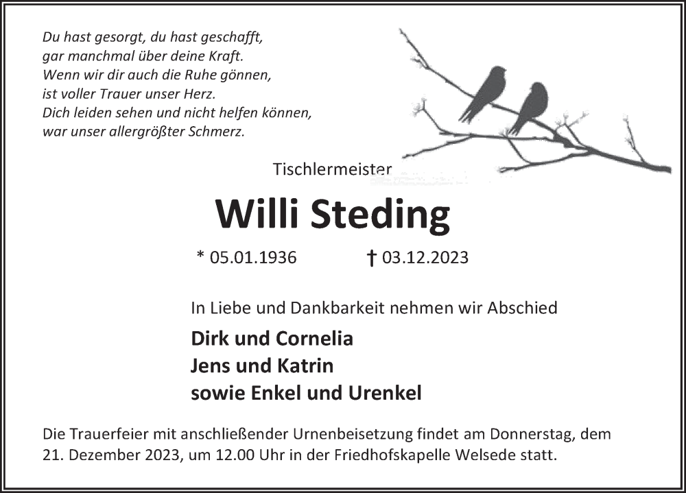  Traueranzeige für Willi Steding vom 09.12.2023 aus Deister- und Weserzeitung