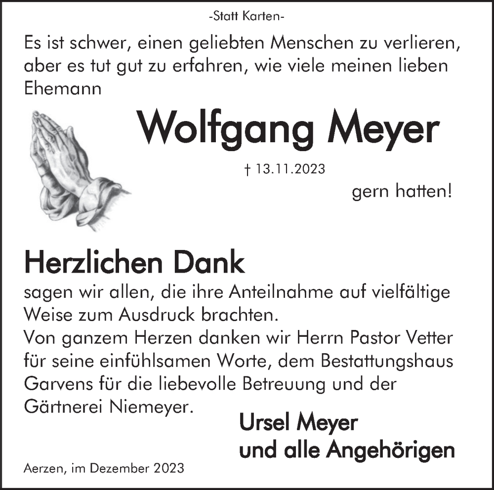  Traueranzeige für Wolfgang Meyer vom 16.12.2023 aus Deister- und Weserzeitung