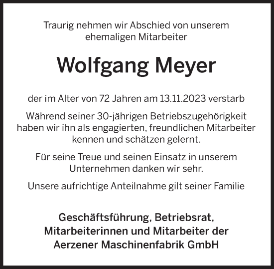 Traueranzeige von Wolfgang Meyer von Deister- und Weserzeitung