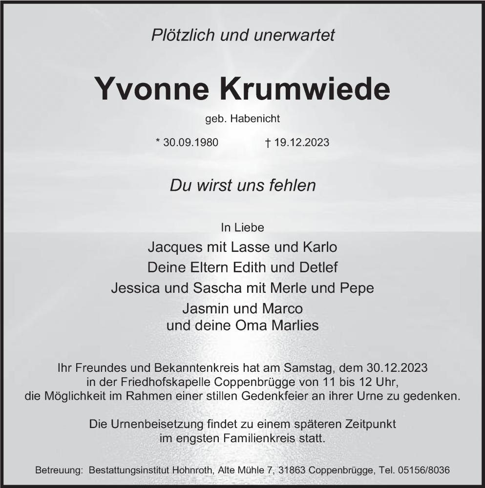  Traueranzeige für Yvonne Krumwiede vom 27.12.2023 aus Deister- und Weserzeitung