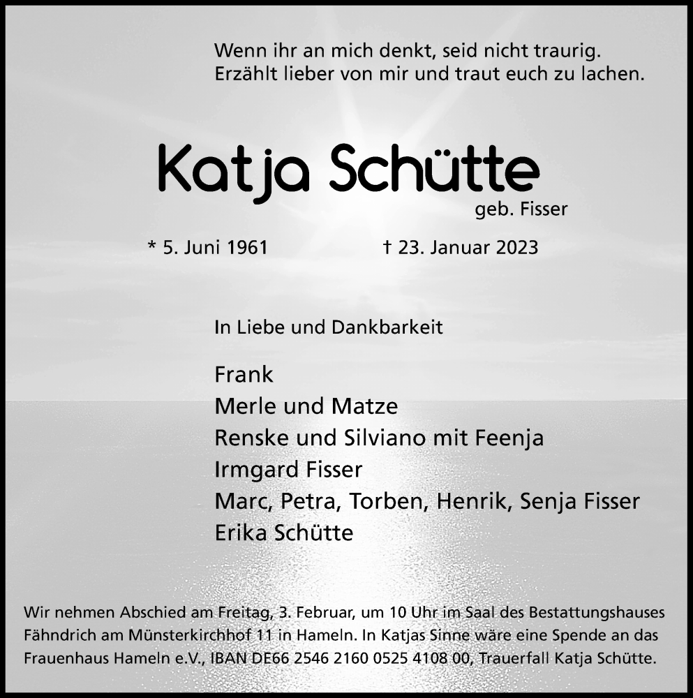  Traueranzeige für Katja Schütte vom 01.02.2023 aus 