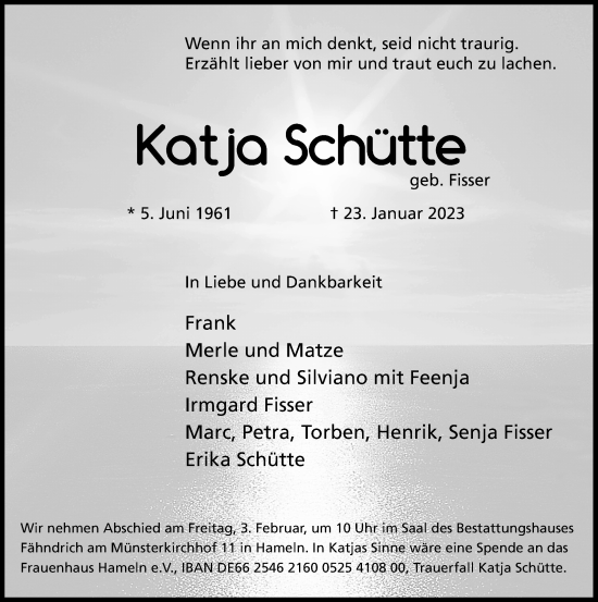 Traueranzeige von Katja Schütte 