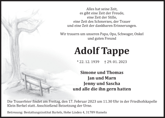 Traueranzeige von Adolf Tappe von Deister- und Weserzeitung