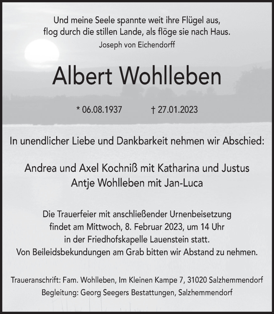  Traueranzeige für Albert Wohlleben vom 04.02.2023 aus Deister- und Weserzeitung