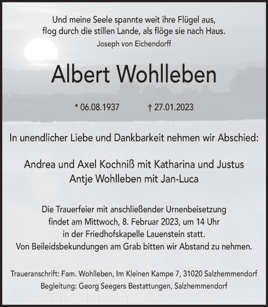 Traueranzeige von Albert Wohlleben von Deister- und Weserzeitung
