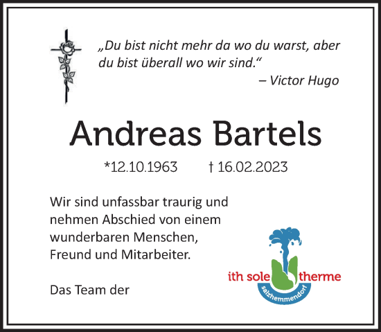 Traueranzeige von Andreas Barteis von Deister- und Weserzeitung
