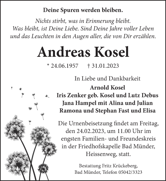 Traueranzeige von Andreas Kosel von Neue Deister-Zeitung