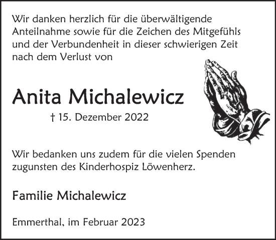 Traueranzeige von Anita Michalewicz von Deister- und Weserzeitung