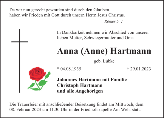 Traueranzeige von Anna Hartmann von Deister- und Weserzeitung