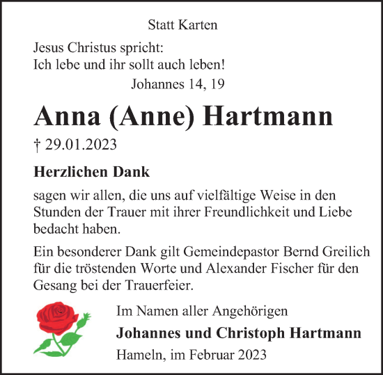 Traueranzeige von Anna Hartmann von Deister- und Weserzeitung