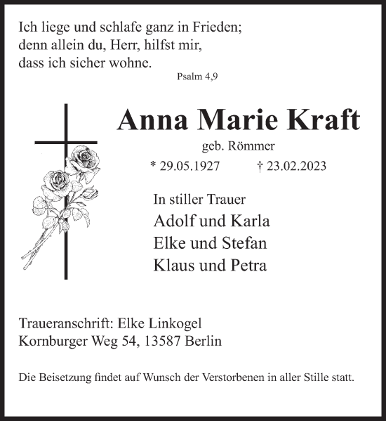 Traueranzeige von Anna Marie Kraft von Deister- und Weserzeitung