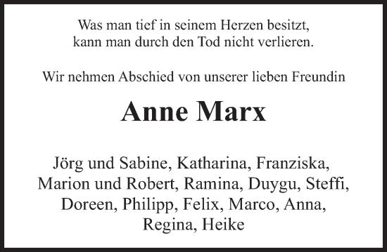 Traueranzeige von Anne Marx von Deister- und Weserzeitung