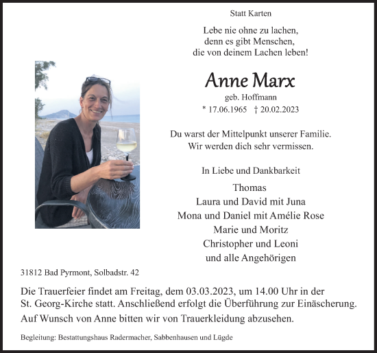 Traueranzeige von Anne Marx von Deister- und Weserzeitung