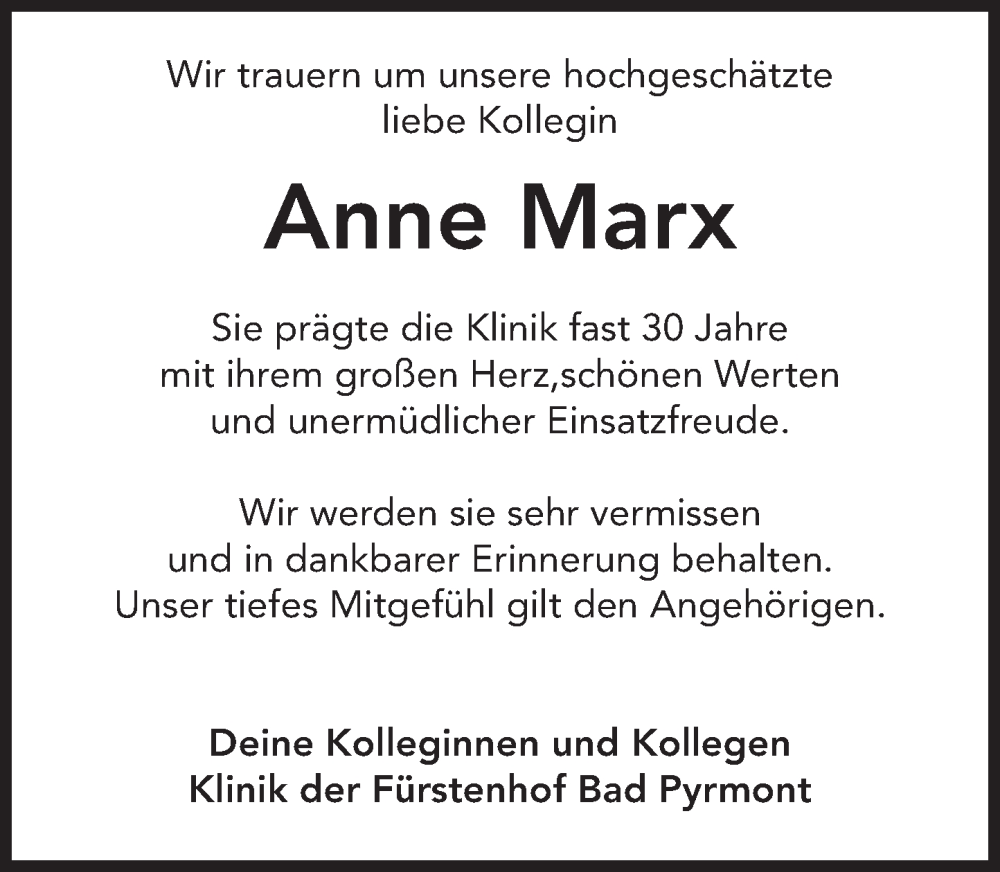  Traueranzeige für Anne Marx vom 25.02.2023 aus Deister- und Weserzeitung