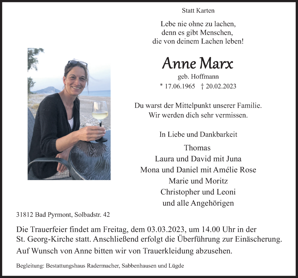  Traueranzeige für Anne Marx vom 25.02.2023 aus Deister- und Weserzeitung