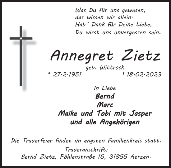 Traueranzeige von Annegret Zietz von Deister- und Weserzeitung