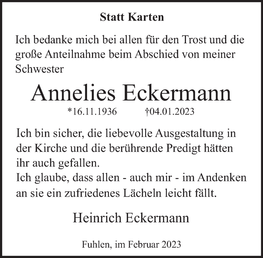  Traueranzeige für Annelies Eckermann vom 04.02.2023 aus Deister- und Weserzeitung