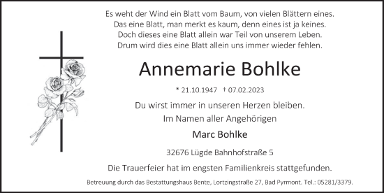 Traueranzeige von Annemarie Bohlke von Deister- und Weserzeitung