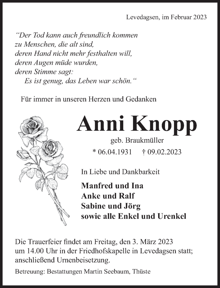  Traueranzeige für Anni Knopp vom 18.02.2023 aus Deister- und Weserzeitung