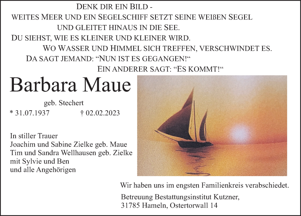  Traueranzeige für Barbara Maue vom 18.02.2023 aus Deister- und Weserzeitung