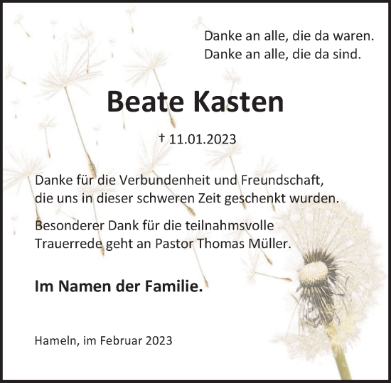 Traueranzeige von Beate Kasten von Deister- und Weserzeitung