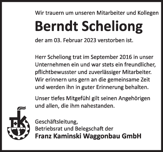 Traueranzeige von Berndt Scheliong von Deister- und Weserzeitung