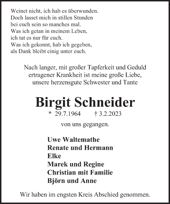 Traueranzeige von Birgit Schneider von Deister- und Weserzeitung