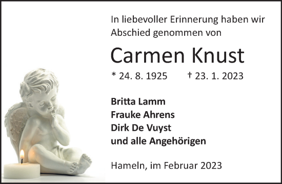 Traueranzeige von Carmen Knust von Deister- und Weserzeitung