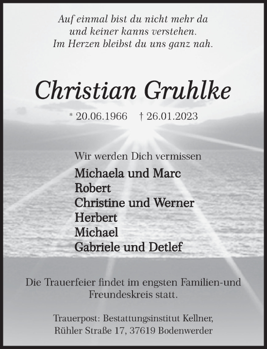 Traueranzeige von Christian Gruhlke von Deister- und Weserzeitung