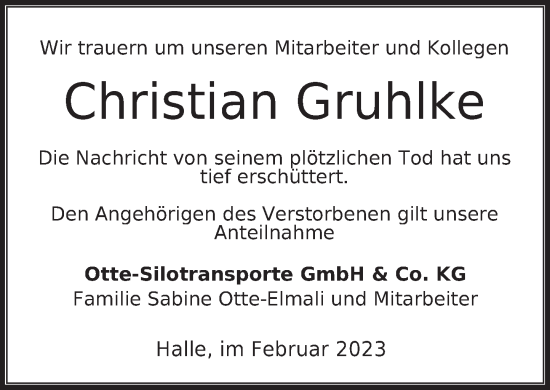 Traueranzeige von Christian Gruhlke von Deister- und Weserzeitung