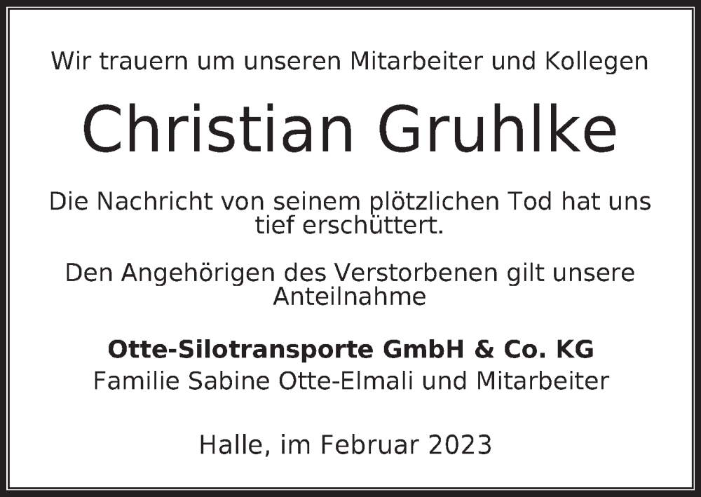 Traueranzeige für Christian Gruhlke vom 17.02.2023 aus Deister- und Weserzeitung