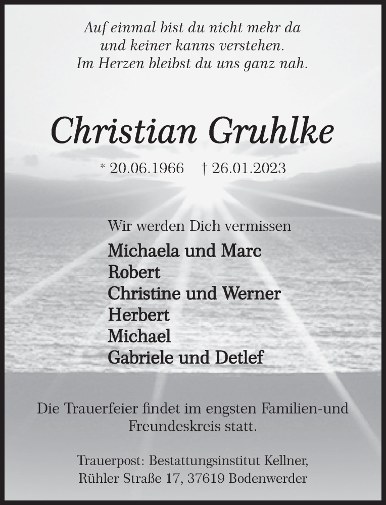  Traueranzeige für Christian Gruhlke vom 10.02.2023 aus Deister- und Weserzeitung