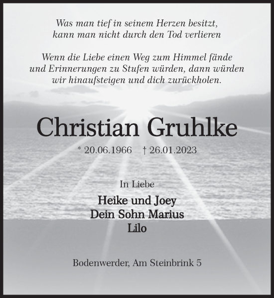 Traueranzeige von Christian Gruhlke von Deister- und Weserzeitung