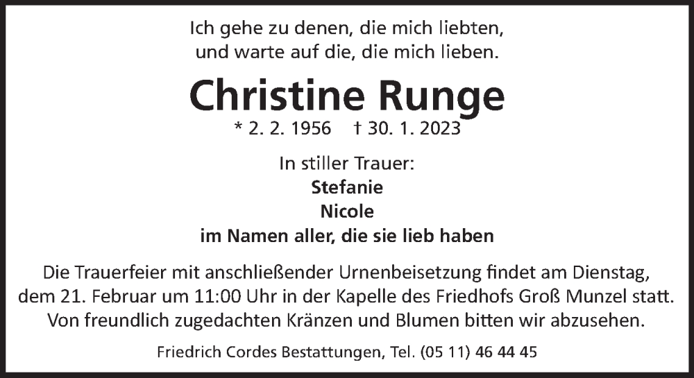  Traueranzeige für Christine Runge vom 18.02.2023 aus Neue Deister-Zeitung