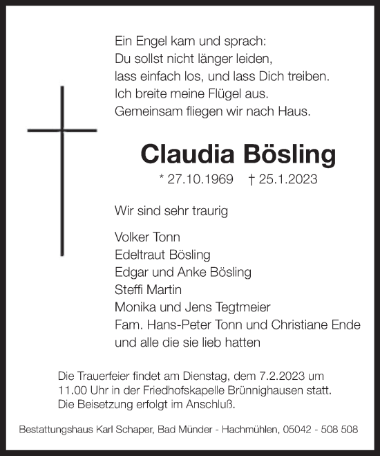 Traueranzeige von Claudia Bösling von Deister- und Weserzeitung