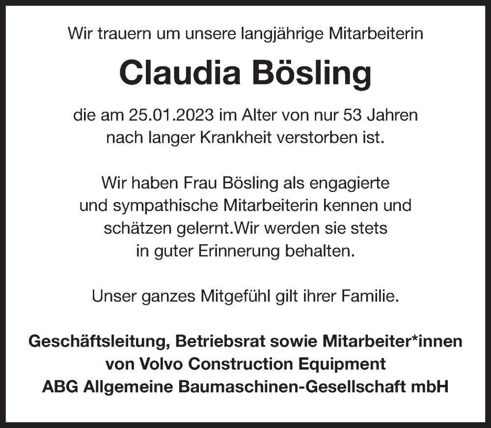  Traueranzeige für Claudia Bösling vom 04.02.2023 aus Deister- und Weserzeitung