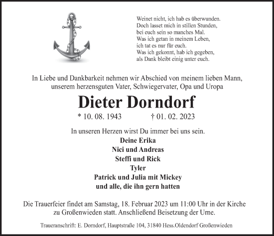 Traueranzeige von Dieter Dorndorf von Deister- und Weserzeitung