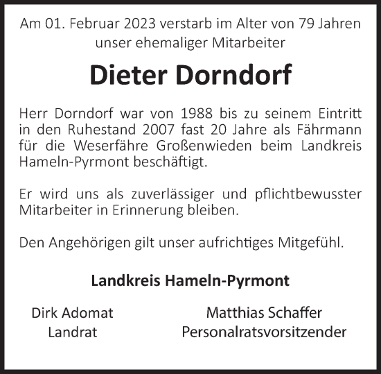 Traueranzeige von Dieter Dorndorf von Deister- und Weserzeitung