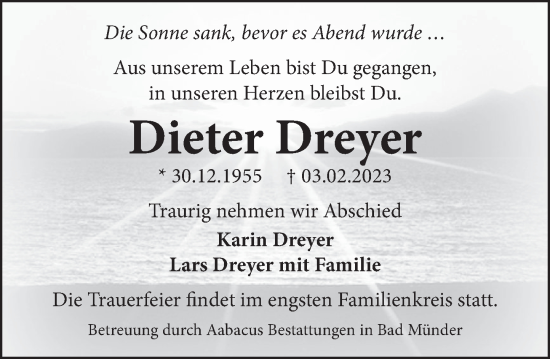 Traueranzeige von Dieter Dreyer von Neue Deister-Zeitung