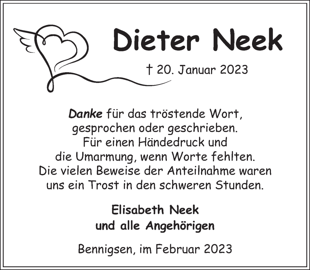  Traueranzeige für Dieter Neek vom 18.02.2023 aus Neue Deister-Zeitung