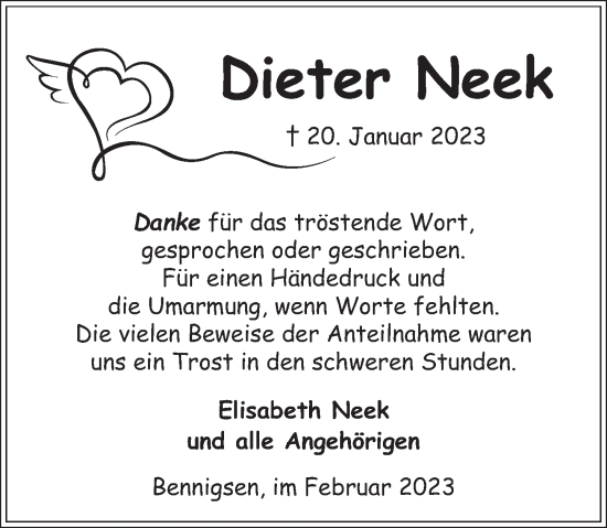 Traueranzeige von Dieter Neek von Neue Deister-Zeitung