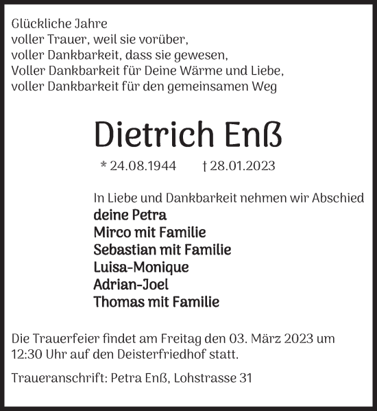 Traueranzeige von Dietrich Enß von Deister- und Weserzeitung