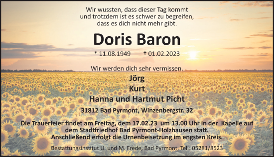 Traueranzeige von Doris Baron von Deister- und Weserzeitung
