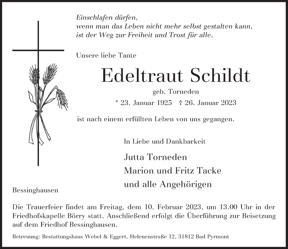  Traueranzeige für Edeltraut Schildt vom 04.02.2023 aus Deister- und Weserzeitung
