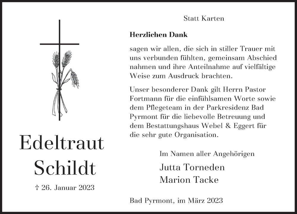  Traueranzeige für Edeltraut Schildt vom 04.03.2023 aus Deister- und Weserzeitung