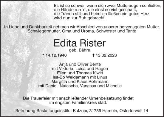 Traueranzeige von Edita Rister von Deister- und Weserzeitung