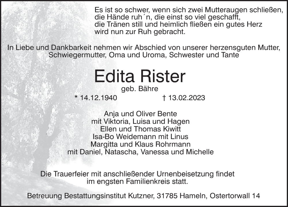  Traueranzeige für Edita Rister vom 18.02.2023 aus Deister- und Weserzeitung