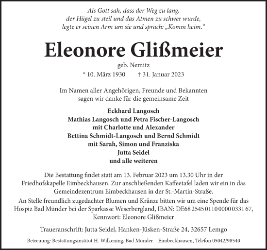 Traueranzeige von Eleonore Glißmeier von Neue Deister-Zeitung