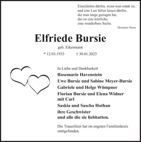Traueranzeige von Elfriede Bursie von Deister- und Weserzeitung
